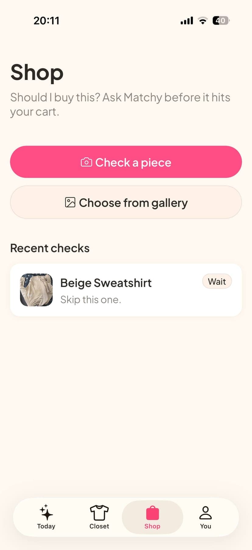 Shop screen. Check a piece before it hits the cart