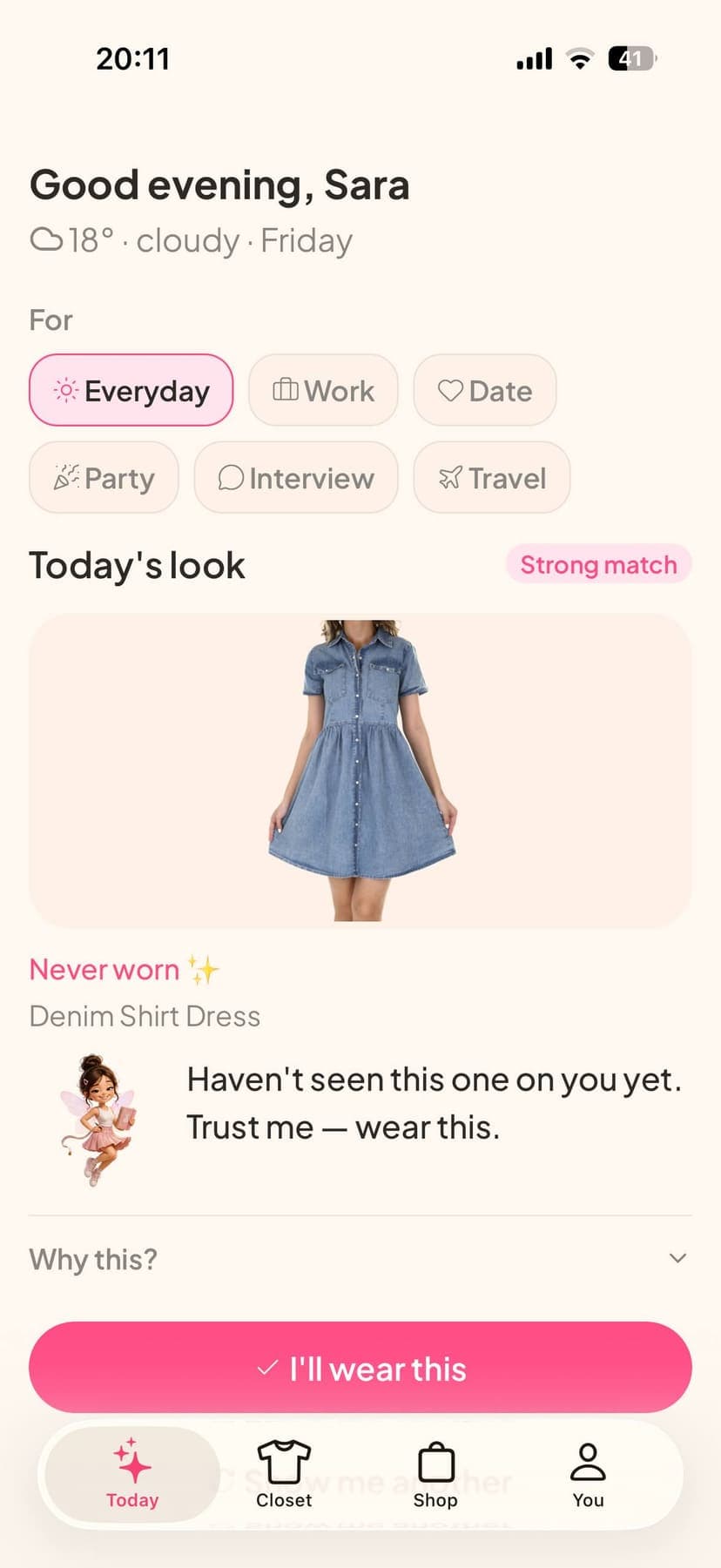 Today's look, a denim shirt dress for a cloudy Friday